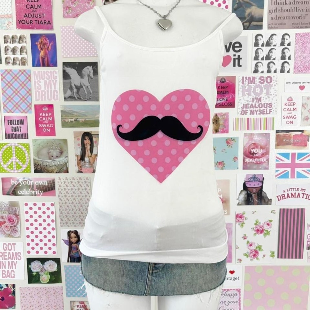 y2k mustache heart cami tank polka dot graphic size S/M